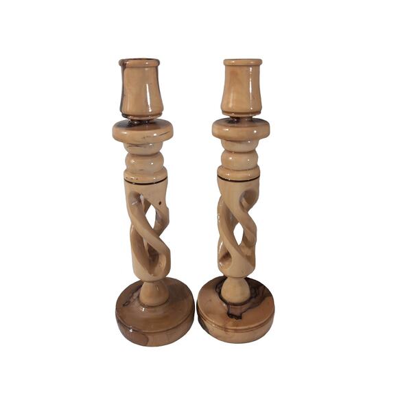 Vintage Set of 2 Beautiful Wooden Spiral Handturned Candle Holders 9in - Picture 1 of 3